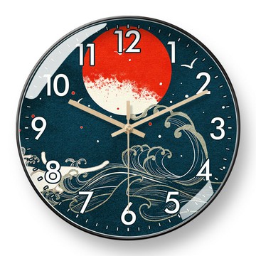 浮世繪掛鐘海浪日本富士山掛墻鐘表自動對時鐘電波鐘靜音家用客廳