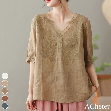 【ACheter】復古棉麻短袖襯衫刺繡V領寬鬆顯瘦套頭短版上衣# 117856(現貨+預購)
