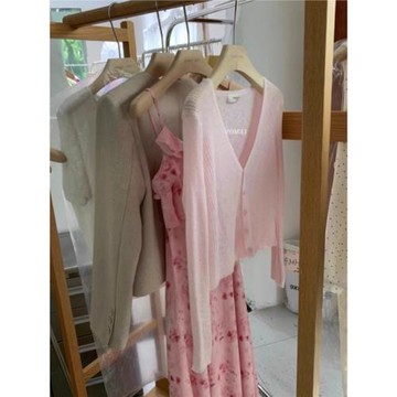 粉色防曬開衫薄款女夏季外搭配裙子披肩小罩衫冰絲針織空調衫上衣