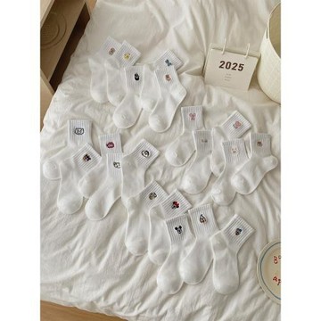 襪子女中筒襪ins潮日系可愛卡通刺繡白色透氣網面短筒襪簡約運動