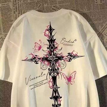 【夏季】100%純色美式復古十字架印花短袖t恤男女國潮夏高街寬鬆潮牌上衣