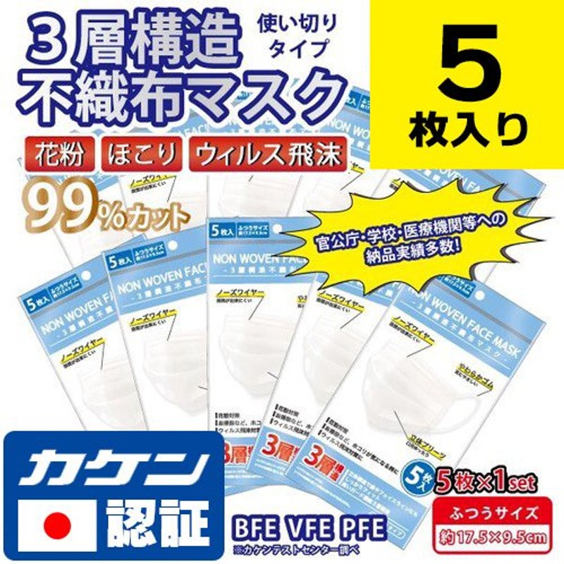 日本カケンテストセンター認証】5枚入り 使い捨てマスク 日本製テスト機関認証品質 不織布マスク カケンマスク 立体 おしゃれ 大きめ 個包装  防災グッズ 通販 LINEポイント最大0.5%GET | LINEショッピング