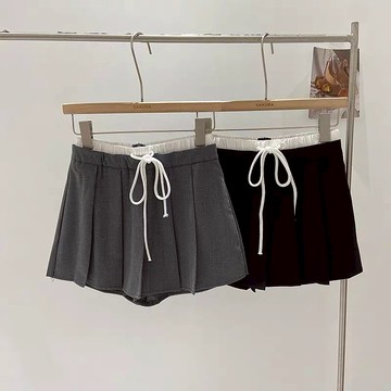 【太妮絲F418】現貨 經典2色 百摺短褲 褲裙 韓系穿搭 百褶裙 蝴蝶結綁 ins 甜辣妹 熱褲 拼接 撞色