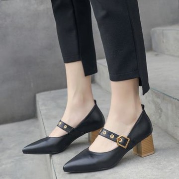 歐美皮帶扣粗跟單鞋顯瘦尖頭中跟鞋大碼45 46 47 48 49 50 51 52