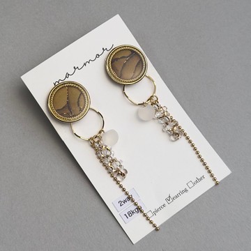 【現貨1件】2way 卡其棕色 酒精墨水藝術 耳環 18kgp 長款 金色 棕色 獨一無二 金屬防過敏