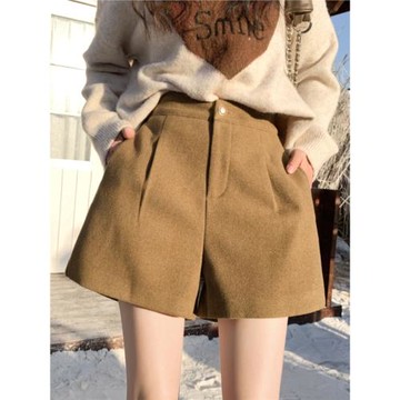 (免運)毛呢短褲女春秋季外穿配靴子的小個子高腰闊腿褲休閑a字顯瘦靴褲