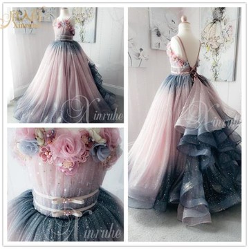 兒童禮服長款粉色漸變夏季吊帶女童禮服走秀主持演出服公主蓬蓬裙