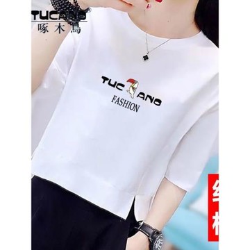 啄木鳥短袖女t恤純棉短款印花上衣2025夏季新款時尚顯瘦韓版半袖