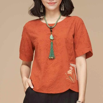 古典美 手繪刺繡花苞袖上衣【53091】棉麻/亞麻/中國風/漢服/茶禪服