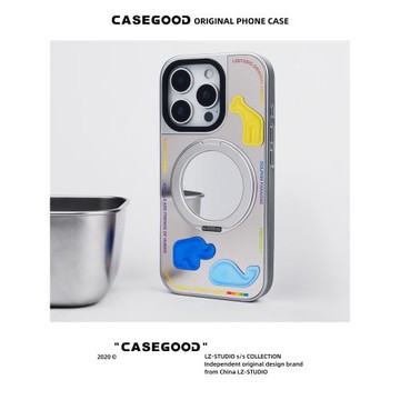 CASEGOOD 原創小眾高級感銀色鏡子磁吸支點手機殼17新款蘋果16promax適用iPhone15pro保護套14內置旋轉支架13