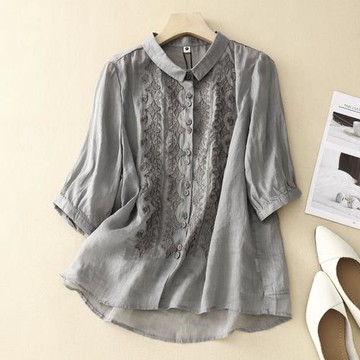 復古高端苧麻刺繡襯衫女2024夏季寬松氣質顯瘦休閑七分袖薄款上衣