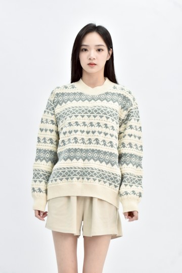 (XL) 白色針織圖騰毛衣