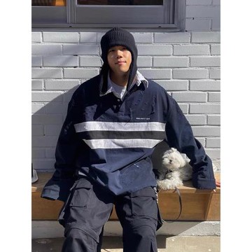 國外代加工】GRAILZ水洗做舊破雙層襯衫領撞色男女同款衛衣外套