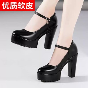 超高跟12cm旗袍模特走秀鞋女粗跟厚底防水臺防滑圓頭真皮大碼單鞋