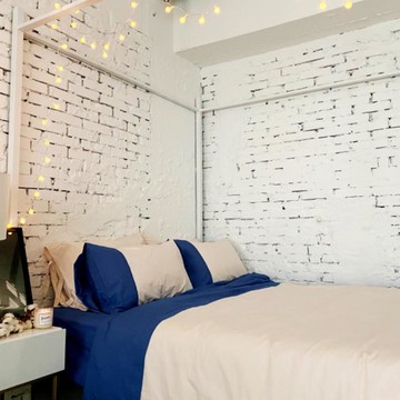 雙人簡約拚色100%有機棉特大四件組 暖米拚海藍_湖邊霧色