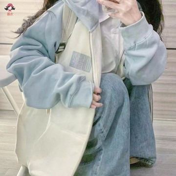 台灣出貨 連帽外套 女生外套 夏季拼接米白淺藍色連帽衛衣女寬鬆休閒顯瘦拉鍊外套開衫ins秋冬外套