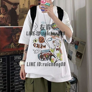 港風IG卡通印花短袖t恤男夏季百搭半袖潮流圓領寬鬆薄款體恤【雲木雜貨】