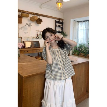 【限時下殺】#短袖襯衫#2025新款甜美蕾絲花邊泡泡袖格子新款襯衫娃娃短袖設計感顯瘦上衣