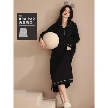 睡裙女春秋季帶胸墊防凸點長袖女士秋冬季黑色睡衣秋女款2025新款