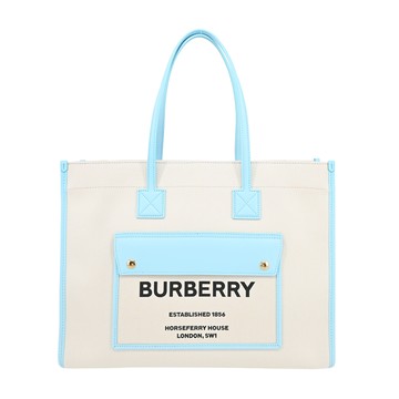 BURBERRY   新款 Freya 帆布拼接皮革中款手提/肩背包(米X冷天藍色)