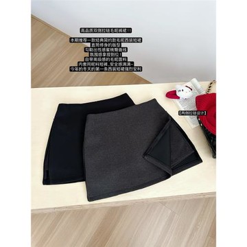 高品質側拉鏈高腰顯瘦A字毛呢短裙黑色半身裙秋冬新款a字灰色褲裙