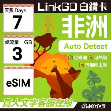 【LINKGO】白鑽卡 非洲 eSIM卡 7天上網卡 總流量3GB 高速流量(非洲網卡 阿爾及利亞 突尼斯 埃及 南非 加納 留尼汪)