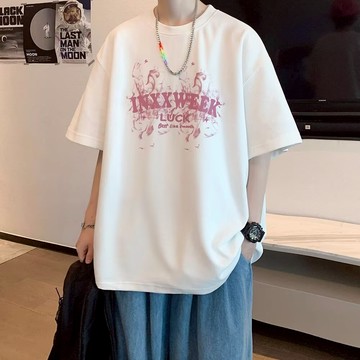 夏季新款五色短袖 重磅純棉抗皺短T 英文圖片印花上衣 ins少年感落肩短袖 男生夏季寬鬆休閒短袖