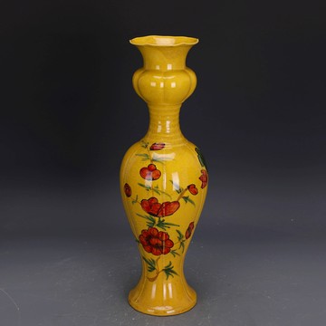 后周柴窯黃釉薄胎彩繪嬰戲圖瓜棱紋蒜頭瓶老貨古瓷器古玩收藏擺件