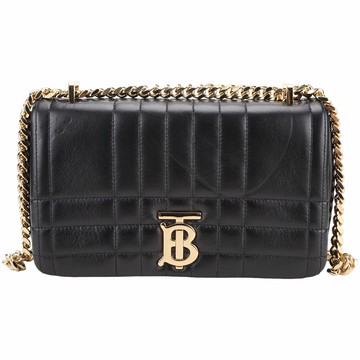 BURBERRY 巴寶莉 Lola 展示品 小款 TB字母黑色絎縫羔羊皮翻蓋斜背包(正反皮革壓痕)