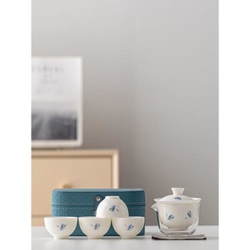 羊脂玉瓷便攜式旅行茶具小套裝一壺四杯陶瓷蓋碗茶杯戶外露營喝茶