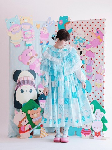 森林雨中漫步水色拼圖印花5種圖案拼布雪紡層層花邊披肩