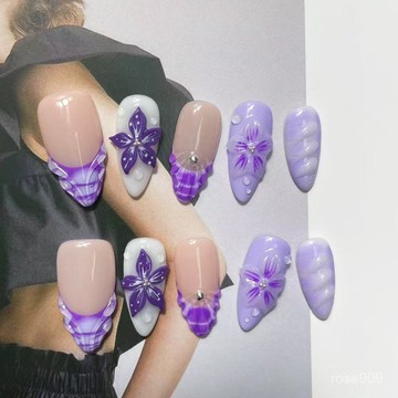 ✨Hannah✨外貿歐美立體鵰花花朵夏日海洋風情立體純手工穿戴甲紫色美甲純手工穿戴甲 BRHR