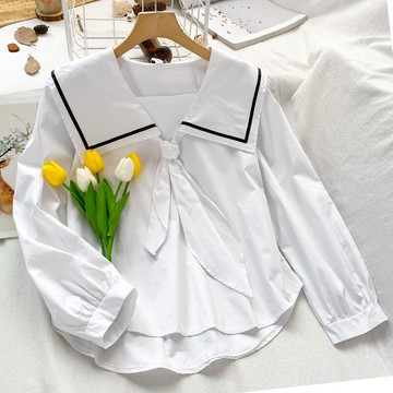 海軍領白色襯衫女秋裝新款設計感小眾jk制服小個子搭配上衣