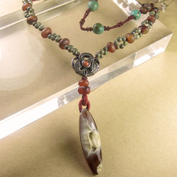 項鍊 古銀玉意-蓮蓮如意 老松石+紅瑪瑙+紅玉髓