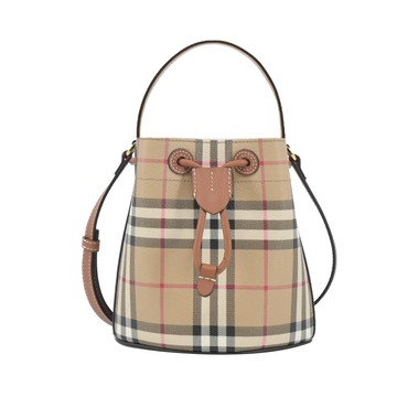 BURBERRY 經典格紋帆布束口水桶包(石楠木棕色)
