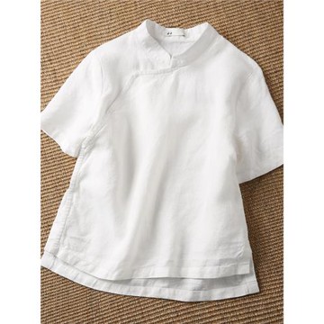 外貿出口日單外單旗袍上衣女國風百搭民族風亞麻改良版短袖茶藝服