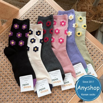 Anyshop韓國襪 毛小花中筒襪 植物襪 女孩長襪 韓國製襪子 小花襪 開學禮物  植物 小花06202