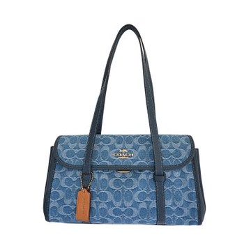 COACH BRIDGET 丹寧藍C LOGO緹花布面拼接皮革翻蓋單肩手袋