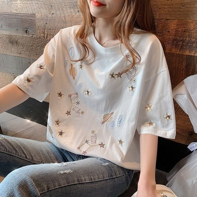 Tシャツ レディース 40代 春夏新作 オシャレ 白tシャツ 半袖トップス 星刺繍ブラウス 大人 通勤 ゆったりtシャツ カットソー カジュアル韓国風 30代 50代 通販 Lineポイント最大get Lineショッピング