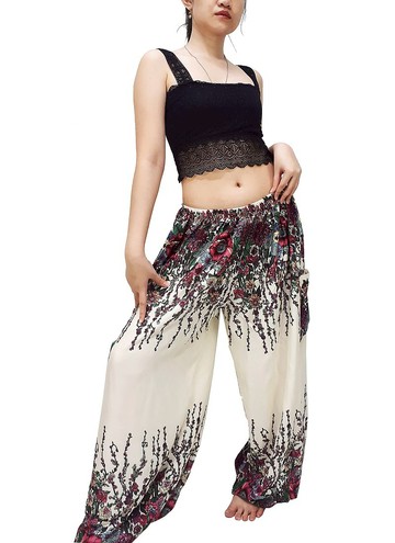 哈倫褲 碎花褲 波希米亞風格長褲 奶油色嫘縈褲