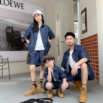 男童套裝2026夏季洋氣中小童寬松休閑親子裝炸街牛仔襯衫兩件套潮