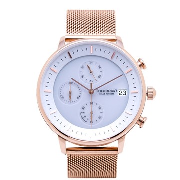 Mercury 太陽能三眼金屬腕錶 三眼白-米蘭玫金