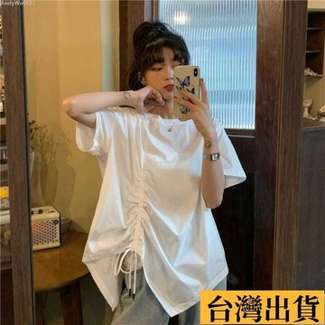 🌈台倉出庫🌈 300斤胖MM韓版學院風夏季短袖t恤女ins潮240寬鬆抽繩不規則上衣潮