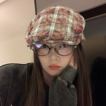 日系復古格紋前進帽女2024新款百搭顯臉小畫家帽子大頭圍貝雷帽