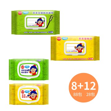 【奈森克林】乖乖純水濕紙巾88抽*8包+28抽*12包 (綠-金順/黃-發財巾)