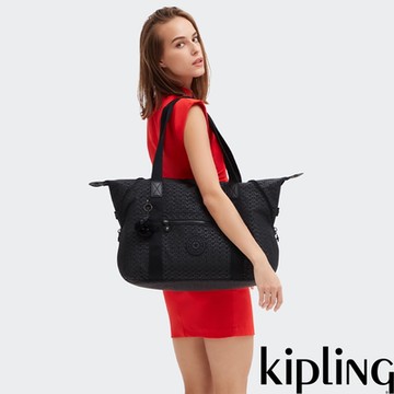 Kipling 經典黑菱格紋印花拉桿旅行袋-ART M