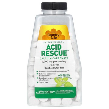 Country Life, Acid Rescue，碳酸鈣，薄荷味，1000 毫克，220 片咀嚼片（每片 500 毫克）