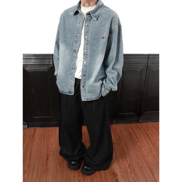 美式復古字母刺繡牛仔襯衫男女秋季新款潮牌寬松休閑百搭襯衣外套