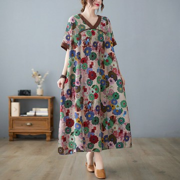 現貨+預購 女連身裙棉麻洋裝大尺碼長裙連衣裙A字裙休閒大碼女裝-寬鬆印花短袖女裙子74cs60【獨家進口】【米蘭精品】