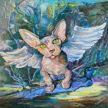 帶翅膀的小貓。 拉伸帆布上的原創油畫。